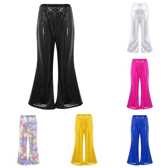 CUZIBR Toddler Girls Casual Glitter Trousers Dot Sequin Flare Pants Elastic High Waist Wide Bell Bottom Trousers For Party Stage Performance Holiday Bottom For Kids,Black,12-14 Years