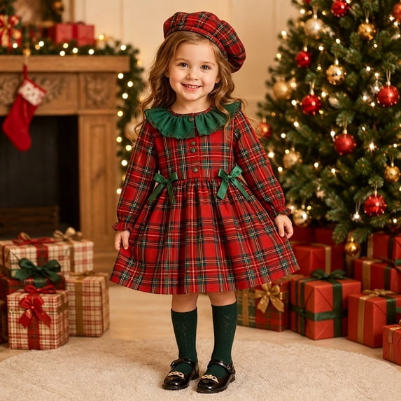 CUZIBR Toddler Girls Christmas Outfits Bow Ruffles Plaid Dresses With Hat 2 PC Sets Long Sleeve Crew Neck Casual Festival Wear,Red,3-4 Years
