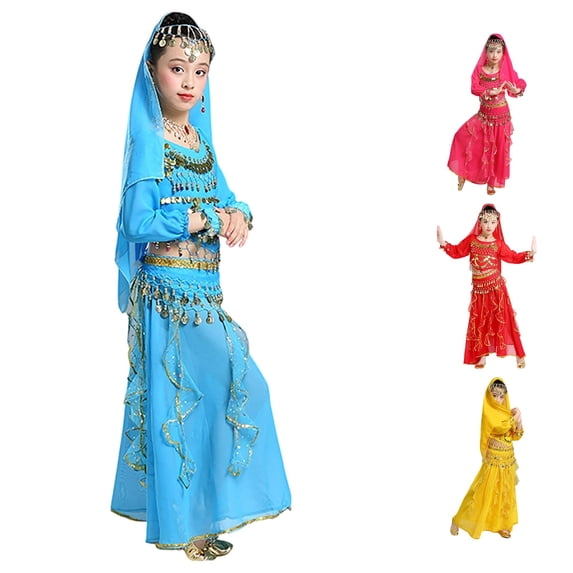 CUZIBR Toddler Girls Dance Performance Outfit Sets Belly Dance Kids Ethnic Dance Dress Stage For Children Clothes Sets,Sky Blue,7-10 Years