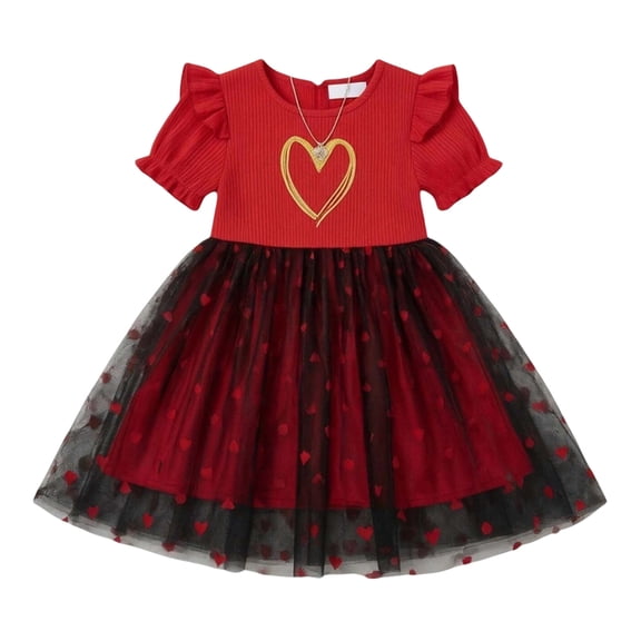 CUZIBR Toddler Girls Dress Ruffles Short Sleeve Crewneck Knitted Patchwork Floral Embroidery Mesh Tutu Dress Soft Layered Princes A-Line Dresses Fashionable Summer Stylish Sundress,Red,2-3 Years