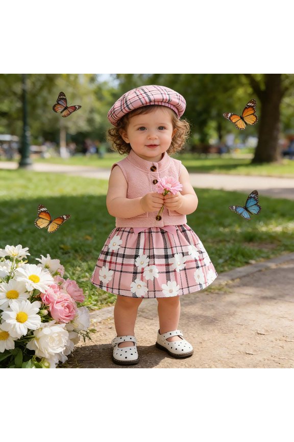 Toddler Girls Easter 3 Piece Outfits Solid Color Knitted Button Down Vest Cardigan Flower Plaid Ruffled Patchwork Dresses With Cute Hat Stylish Spring Summer Clothes Sets,Pink,12-18 Months