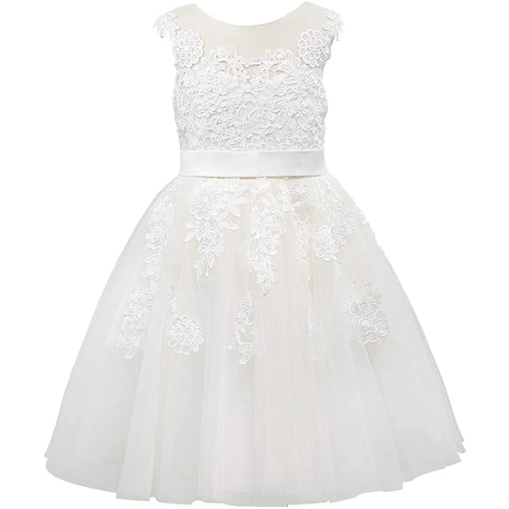 CUZIBR Toddler Girls Formal Elegant Dresses Sleeveless Solid Color Traditional Lace Floral Embroidery Patchwork Ball Gowns High Waist Pleated Crewneck Tutu Dress Birthday Fashion Clothes,White,10