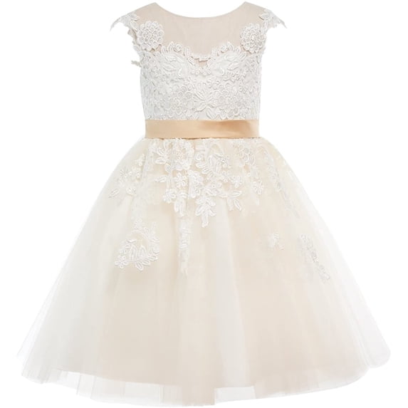 CUZIBR Toddler Girls Formal Elegant Dresses Sleeveless Solid Color Traditional Lace Floral Embroidery Patchwork Ball Gowns High Waist Pleated Crewneck Tutu Dress Birthday Fashion Clothes,Beige,4