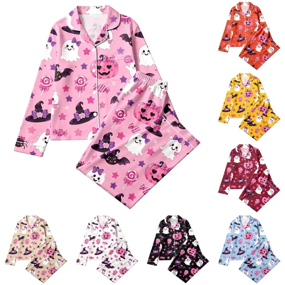 CUZIBR Toddler Girls Halloween Pajamas Long Sleeve Bow Print Button Down Shirt And Pants 2 PC Sleepwear Ghost Pumpkin Witch Graphic Lapel Smooth Loungewear Comfort Party Daily Homewear,Pink,7-8 Years