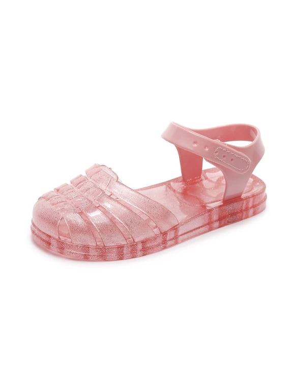 Toddler Girls Jelly Sandals Close Toe Solid Color Glitter Buckle Closure Strap Beach Shoes Soft Sole Casual Summer Dress Shoes Fisherman Gladiator Water Footwear,Pink,4.5-5 Years