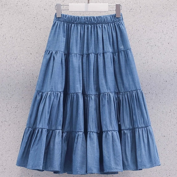 CUZIBR Toddler Girls Long Skirts Solid Color Casual Elastic Waist Tiered Skirts A-Line Comfortable Stylish Ruffled Pleated Cozy Fashionable Trendy Cute Pull On Dailywear Ball Gown,Blue,5-6 Years