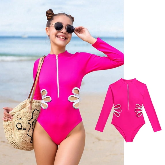 CUZIBR Toddler Girls One Piece Swimsuit Solid Color Long Sleeve Zip Up Cutout Waist Bikini Bathing Suit For Teen Girls Fashionable Rash Guard Upf 50+ Sun Protection Swimwear,Hot Pink,15-16 Years
