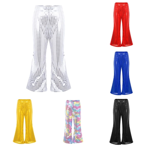 CUZIBR Toddler Girls Pants Casual Sequin Glitter High Waist Bell Bottom Pants Shiny Sequin Flare Trousers Dance Party Dancewear Fashionable Lightweight Vintage Streetwear,Silver,10-12 Years