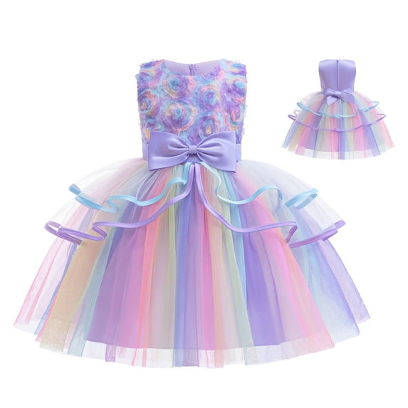 CUZIBR Toddler Girls Princess Dress Gradient Rainbow Color Sleeveless Flower Pattern Cute Bow High Waist Tiered Mesh Tutu Dresses Elegant Ruffled Party Wedding Birthday Easter Dress,Purple,4-5 Years