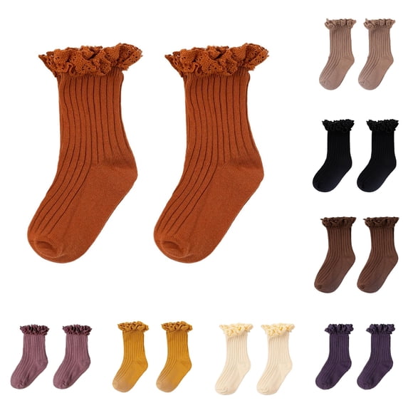 CUZIBR Toddler Girls Ribbed Crew Socks Lace Frilled Design Breathable Stretchy Children Socks For Outdoor Daily Activities,3-5 Years