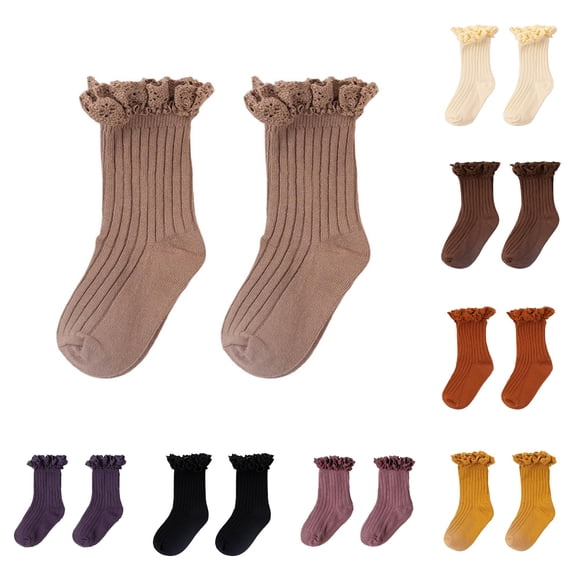 CUZIBR Toddler Girls Ribbed Crew Socks Lace Frilled Design Breathable Stretchy Children Socks For Outdoor Daily Activities,5-8 Years