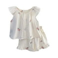 thumbnail image 1 of CUZIBR Toddler Girls Summer Clothes Outfits Sleeveless Round Neck Embroidery Floral Print Button Down Tank Tops T Shirt Vest Ruffles Shorts Breathable Cozy 2 Piece Sets,Beige,7-8 Years, 1 of 9