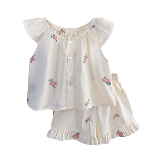 CUZIBR Toddler Girls Summer Clothes Outfits Sleeveless Round Neck Embroidery Floral Print Button Down Tank Tops T Shirt Vest Ruffles Shorts Breathable Cozy 2 Piece Sets,Beige,7-8 Years