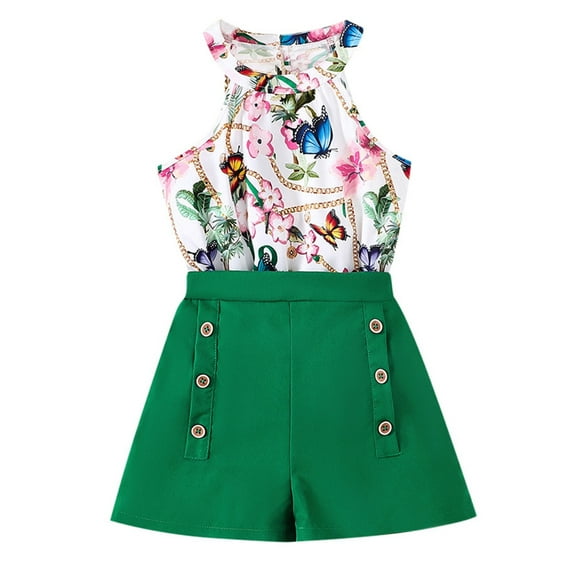 CUZIBR Toddler Girls Summer Outfits Flower Print Sleeveless Halter Neck Loose Fit Blouse Top High Waist Button Solid Color Shorts Fashionable Casual Breathable 2 Piece Clothes Sets,Green,13-14 Years