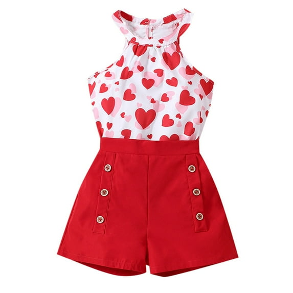 CUZIBR Toddler Girls Summer Outfits Flower Print Sleeveless Halter Neck Loose Fit Blouse Top High Waist Button Solid Color Shorts Fashionable Casual Breathable 2 Piece Clothes Sets,Red,13-14 Years