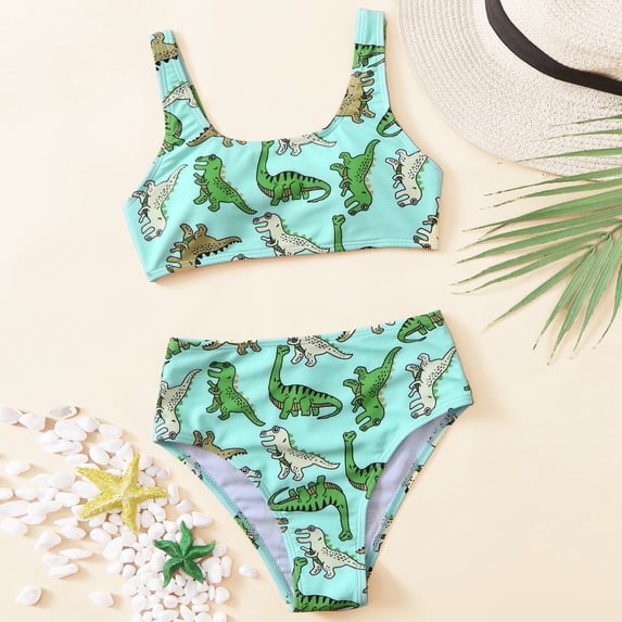 CUZIBR Toddler Girls Swimsuits 2 Piece Bikini Sets Fashionable Cute Cartoon Dinosaur Print Casual Swimwear Breathable Soft Cozy Spring Summer Vacation Beachwear Bathing Suits ,Green,7-8 Years