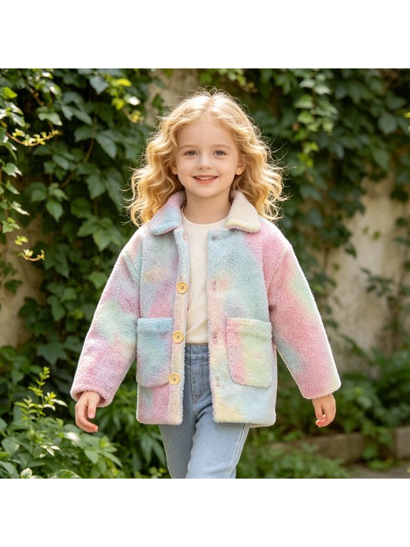 Toddler Girls Winter Coat Fuzzy Jacket Rainbow Tie Dye Button Down Lapel Warm Soft School Outerwear,Pink,2-3 Years