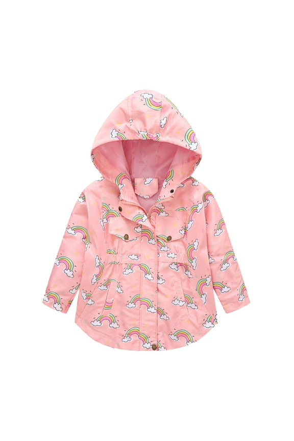 Toddler Girls Winter Windproof Coats Cartoon Rainbow Prints Hooded With Pocket Jacket Kids Outerwear Holiday Dailywear For Child