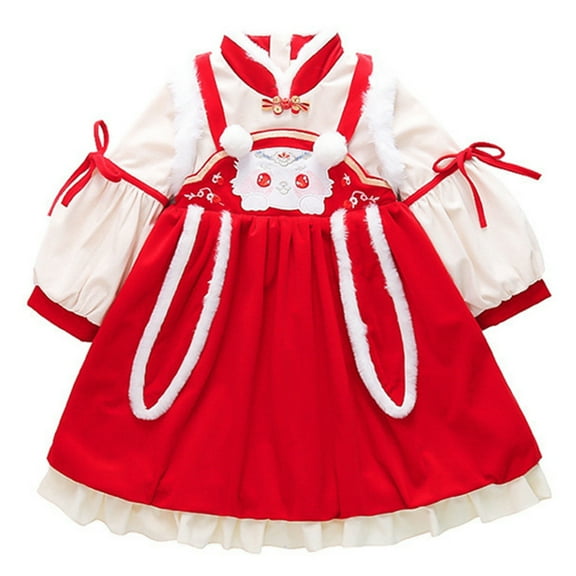 CUZIBR Toddler Kids Baby Children Fairy Hanfu Dresses For Chinese New Year Lined Warm O-Neck Princess Dresses Embroidery Bunny Tang Suit Performance Lovely Dailywear For Child