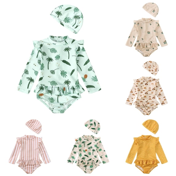 CUZIBR Toddler Kids Baby Girl Swimsuit Rash Guard Cute Cartoon Floral Graphic Long Sleeve Ruffles Trim One Piece Bathing Suit With Cap Sun Protection Swimwear For Beach Pool,Green,6-12 Months