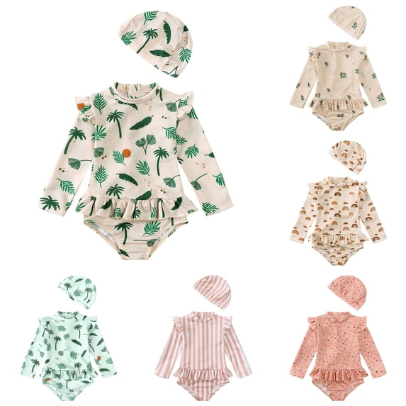 CUZIBR Toddler Kids Baby Girl Swimsuit Rash Guard Cute Cartoon Floral Graphic Long Sleeve Ruffles Trim One Piece Bathing Suit With Cap Sun Protection Swimwear For Beach Pool,Khaki,2-3 Years