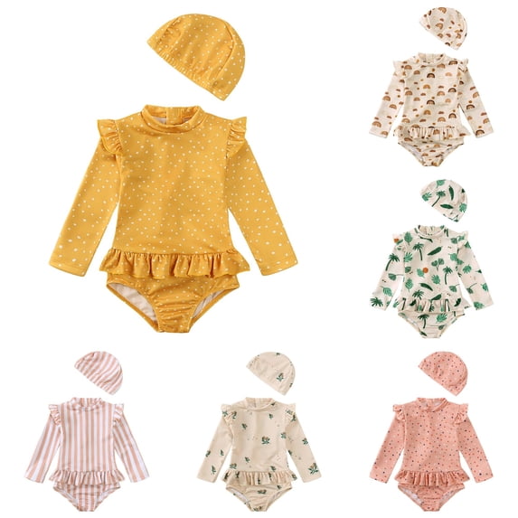 CUZIBR Toddler Kids Baby Girl Swimsuit Rash Guard Cute Cartoon Floral Graphic Long Sleeve Ruffles Trim One Piece Bathing Suit With Cap Sun Protection Swimwear For Beach Pool,Yellow,3-4 Years