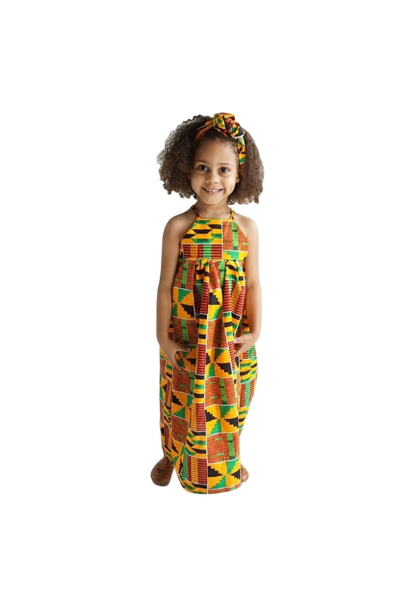 Toddler Kids Baby Girls African Dashiki Traditional Style Sleeveless Strap Dress Ankara Princess Backless Dresses Headband Outfits 1-5Y Versatile Dailywear For Child