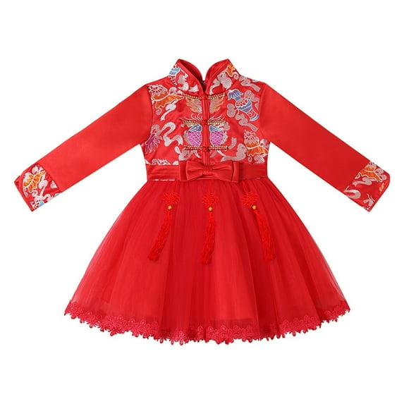 CUZIBR Toddler Kids Baby Girls Children Fairy Hanfu Dresses For Chinese Calendar New Year O-Neck Princess Dresses Embroidery Tang Suit Performance Stylish Dailywear For Child