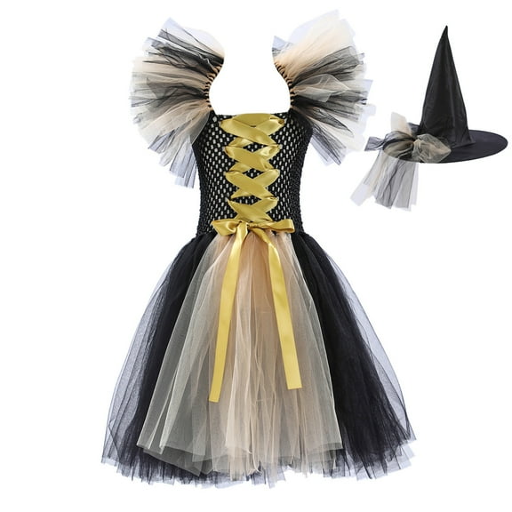 CUZIBR Toddler Kids Baby Girls Halloween Witch Black Gown With Hat Fancy Tutu Dress Up Party Square Collar Tulle Dresses Comfort Dailywear For Child