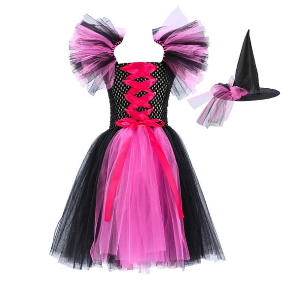 CUZIBR Toddler Kids Baby Girls Halloween Witch Black Gown With Hat Fancy Tutu Dress Up Party Square Collar Tulle Dresses Cozy Dailywear For Child