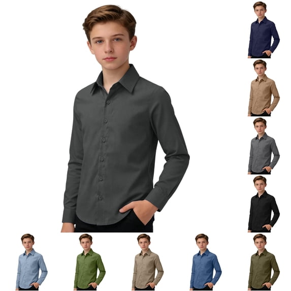 CUZIBR Toddler Kids Boys Dress Shirts Long Sleeve Button Down Shirt Casual Linen Blend Classic Fit Solid Color Relaxed Comfortable Top School Uniform Summer Fall Blouse,Dark Gray,11-12 Years
