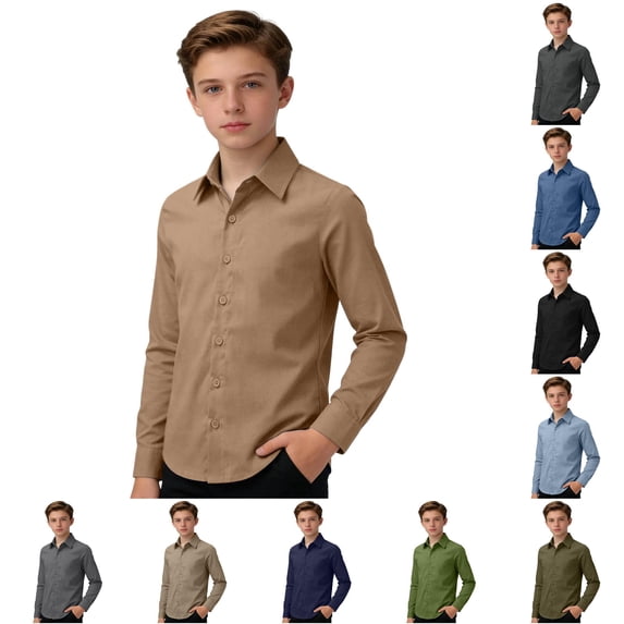 CUZIBR Toddler Kids Boys Dress Shirts Long Sleeve Button Down Shirt Casual Linen Blend Classic Fit Solid Color Relaxed Comfortable Top School Uniform Summer Fall Blouse,Coffee,5-6 Years