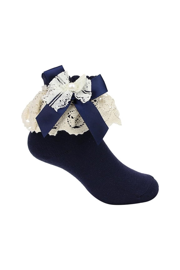 Toddler Kids Girls Dress Socks Solid Color Elegant Cute Bow Ruffles Lace Trim Patchwork Frilly Cotton Ankle Socks Summer Lightweight Classic Uniform Footwear,Navy,7-8 Years