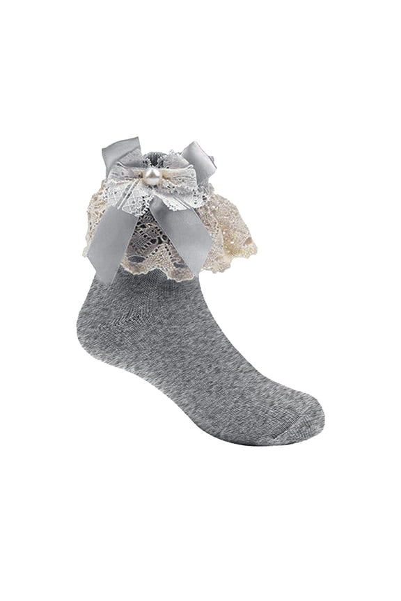 Toddler Kids Girls Dress Socks Solid Color Elegant Cute Bow Ruffles Lace Trim Patchwork Frilly Cotton Ankle Socks Summer Lightweight Classic Uniform Footwear,Grey,5-6 Years