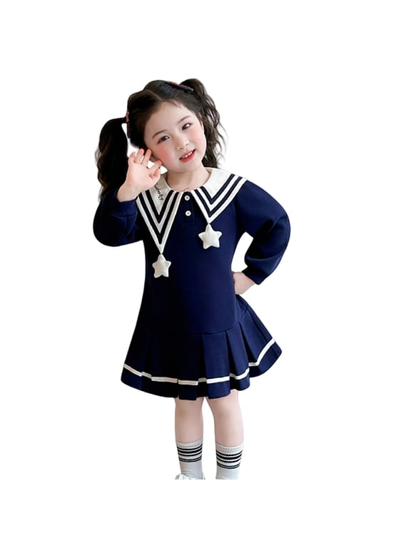 Toddler Kids Girls Dresses Long Sleeve Sailor Collar Color Block Button Down A-Line Pleated Dresses School Uniform Casual Stylish Loose Fit Breathable Cozy Outfits,Navy,2-3 Years