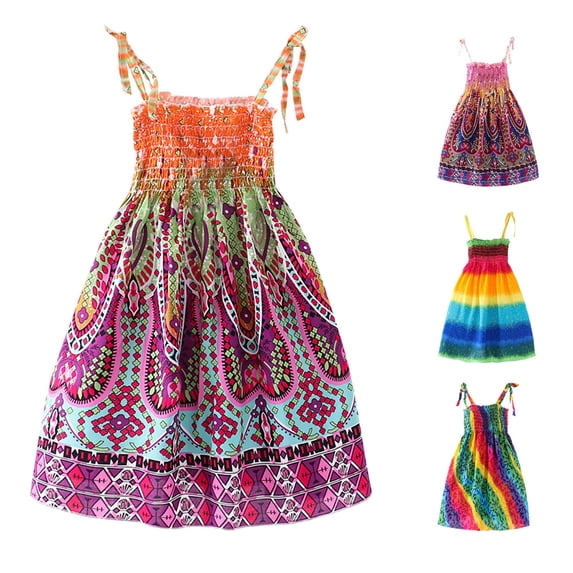 CUZIBR Toddler Kids Girls Floral Bohemian Dresses Cute Bow Spaghetti Strap Smocked Slim Fit Rainbow Flowers Print Sleeveless Beach Dress Lightweight Summer Princess Clothes,a-Orange,6 Years