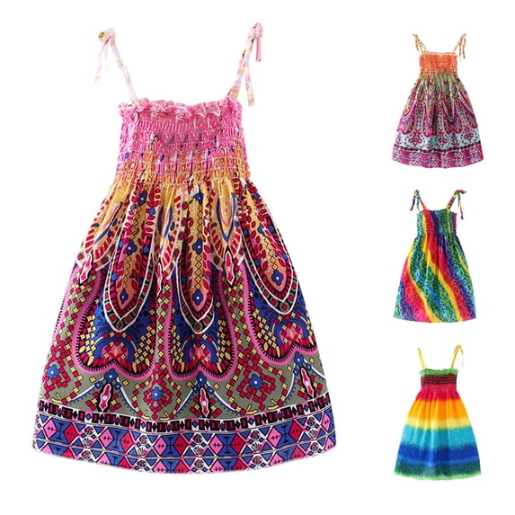 CUZIBR Toddler Kids Girls Floral Bohemian Dresses Cute Bow Spaghetti Strap Smocked Slim Fit Rainbow Flowers Print Sleeveless Beach Dress Lightweight Summer Princess Clothes,a-Purple,7 Years