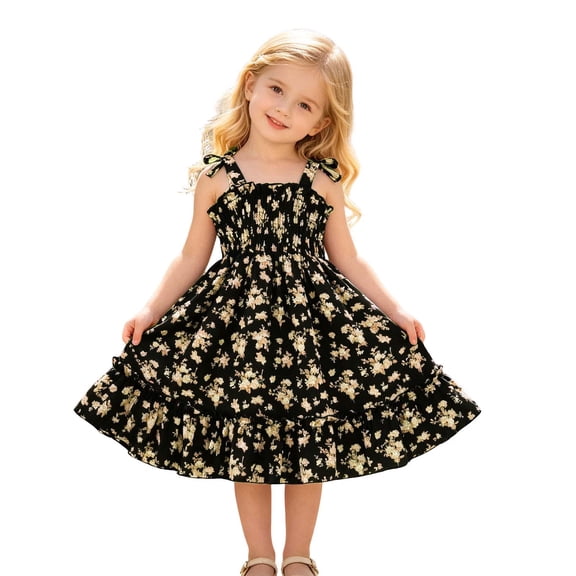 CUZIBR Toddler Kids Girls Floral Sundress Smocked Sleeveless Spaghetti Strap Ruffled Pleated High Waist Flower Print Tiered A-Line Dresses Breathable Stylish Mid Dress For Party Beach,Black,5-6 Years