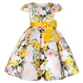 thumbnail image 1 of CUZIBR Toddler Kids Girls Formal Gowns Dresses Short Sleeve Round Neck Flowers Prints Ruffles Pleated A-Line High Waist Cute Bow Belt Beach Party Wedding Birthday Dress Clothes,Yellow,2-3 Years, 1 of 7
