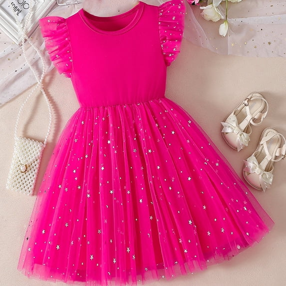 CUZIBR Toddler Kids Girls Gowns Dresses Glitter Sequins Ruffles Sleeveless Round Neck Star Prints A-Line Mesh Tutu Mini Dress High Waist Solid Color Beach Birthday Dress Clothes,Red,5-6 Years