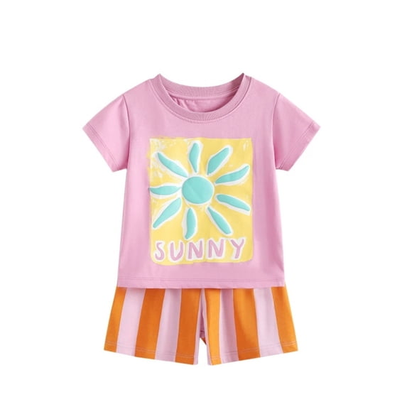 CUZIBR Toddler Kids Girls Summer Outfits Floral Print Crewneck Short Sleeve Shirt And Shorts Soft Breathable Home Clothes Sets 2 Piece Set Fashionable Cozy Beach Outdoor Dailywear,Pink,7-8 Years