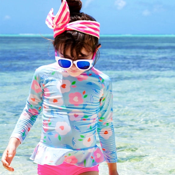 CUZIBR Toddler Kids Girls Swimsuit Sets Flower Print Long Sleeve Crewneck Top Shirts And Elastic Waist Ruffles Bottoms Swimwear Rash Guard Upf 50+ Sun Protection Bathing Suit,Blue,4-5 Years