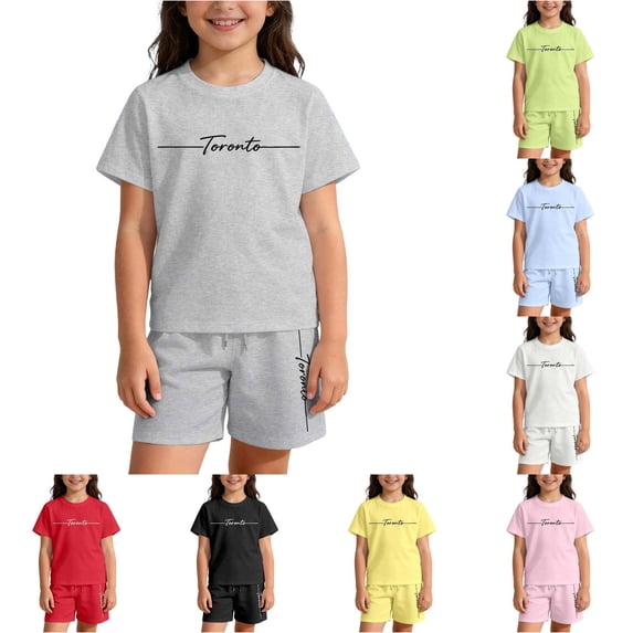 CUZIBR Toddler Kids Outfit Sets Girls Casual Loose Short Sleeve O-Neck T-Shirts Shorts Letter Print Comfortable Everyday Wear Kids Clothes Sets,Light Gray,5-6 Years