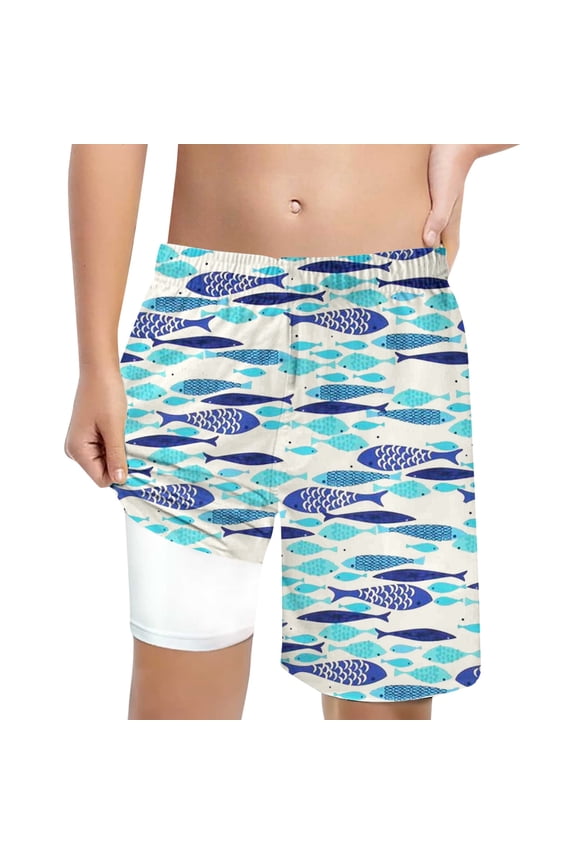 Toddler Kids Boys Swim Trunks Funny Cartoon Animal Print Graphic Wide Leg Drawstring Elastic Waist With Liner Summer Breathable Beach Shorts Swimwear For Youth Beachwear,White,8 Years