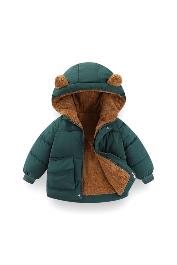 Toddler Kids Winter Coat Cute Hooded Solid Color Padded Long Sleeve Snow Jacket Thicken Warm Loose Relaxed Windproof Outerwear,Dark Green,18-24 Months