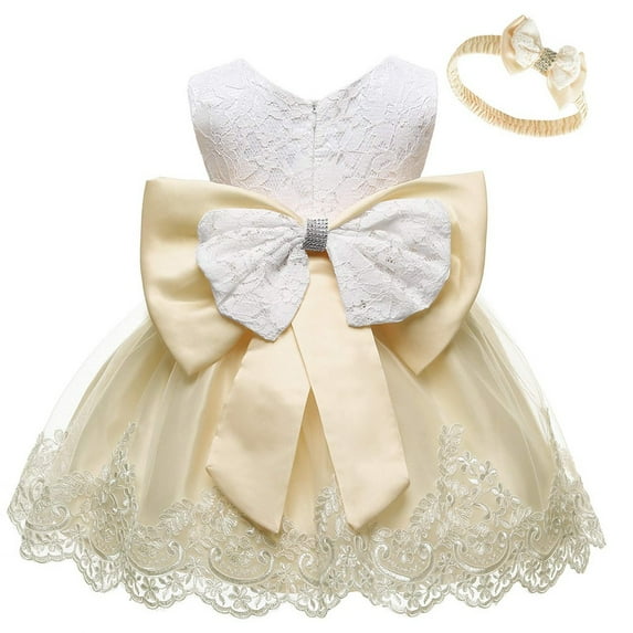 CUZIBR Toddler Little Girls Baby Formal Dress Sleeveless Crewneck Ruffles Lace Embroidery Big Bowe Legant Wedding Tutu Dresses+Headband Set Clothes Outfits Flowy Skater Dress,Yellow,0-3 Months