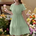 thumbnail image 1 of CUZIBR Toddler Little Girls Casual Dress Solid Color Short Sleeve Round Neck Tiered Ruffled High Waist A-Line Long-Length Summer Breathable Loose Fit Dresses Ruched Sundress,Green,10-11 Years, 1 of 6