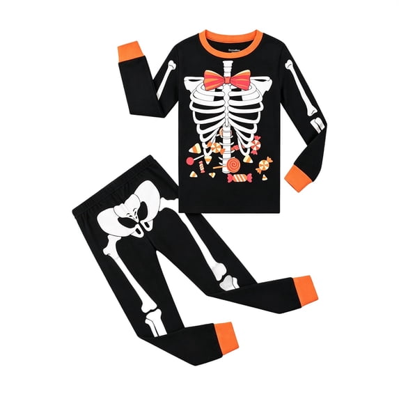 CUZIBR Toddler Pajamas For Boys Girls Halloween Long Sleeve Crew Neck Tops And Pants 2 PC Sleepwear Skeleton Candy Graphic Soft Loungewear Leisure Party Daily Nightwear,Black,2-3 Years