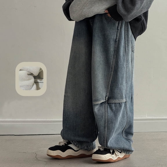 CUZIBR Toddler Pants Boys Thick Lined Warm Denim Pants Straight Wide Leg Trousers Youth Loose Fit Comfortable Fashion Classic Jeans Casual Athletic Clothes,Light Blue,13-16 Years