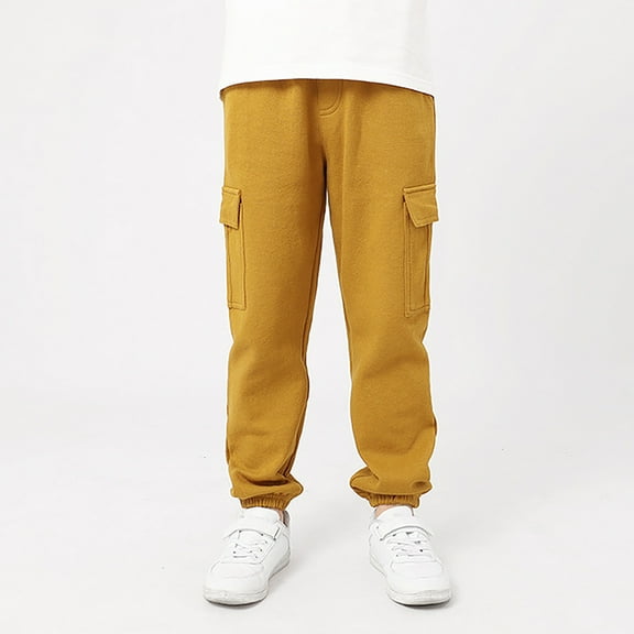 CUZIBR Toddler Pants Cargo Pants Fashion Side Pockets Solid Color Cozy Elastic Waist Wide Led Ankle-Tied Joggers Cute Pants,Brown,13-14 Years